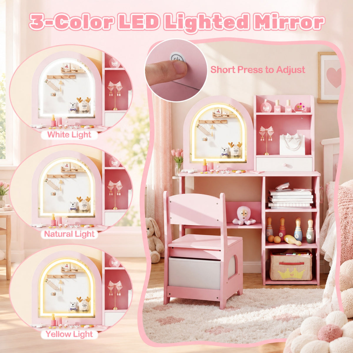 Airfind Kids Vanity Set Princess Girls Makeup Vanity Desk with Chair and 3-Color LED Lighted Mirror, 45 lbs Capacity, MDF Frame, Pink