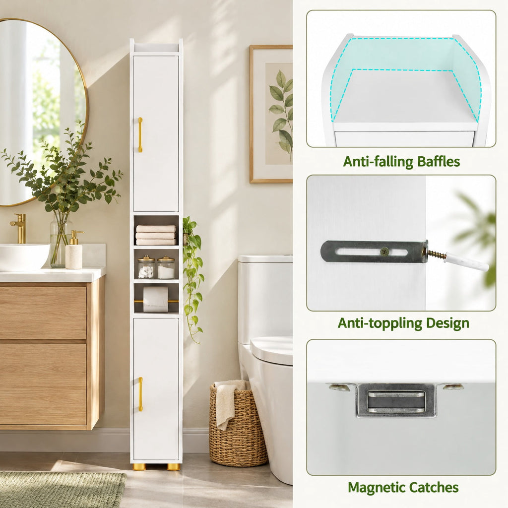 Airfind Narrow Bathroom Storage Cabinet featuring Open Shelves and Toilet Paper Holder, 11 lbs Capacity, Engineered Wood Metal Plastic Frame, White