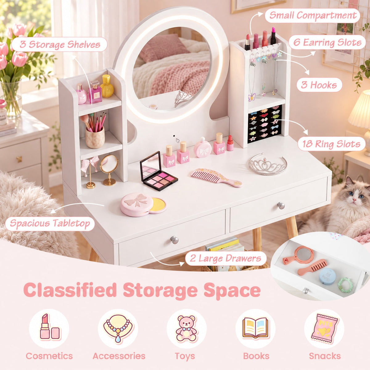 Airfind Kids Vanity Set with Lighted Mirror and Storage Drawers, 110 lbs Capacity, Engineered Wood Frame, for 3+ years old, White