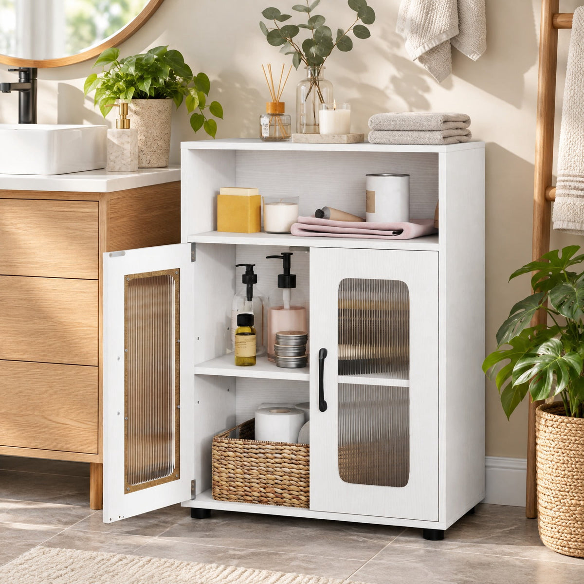 Airfind Bathroom Cabinet Freestanding Cabinet featuring 2 Doors and 3-Level Adjustable Shelf, 155 lbs Capacity, Engineered Wood Frame, White