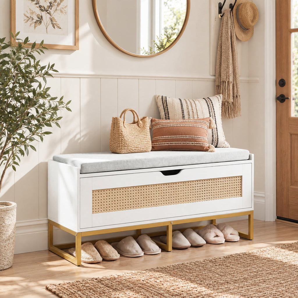 Airfind 39.5in Rattan Storage Chest Wicker Shoe Bench with Padded Seat Flip-Top, 440 lbs Capacity, Engineered Wood PE Rattan Metal Frame, White