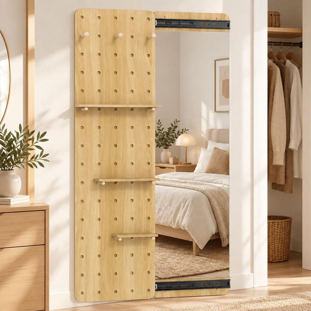 Airfind Solid Wood Full Length Mirror with Pegboard Shelves and Hooks for Entryway, Solid Wood Glass Frame, 16 x 5.5 x 55 Footprint, Natural