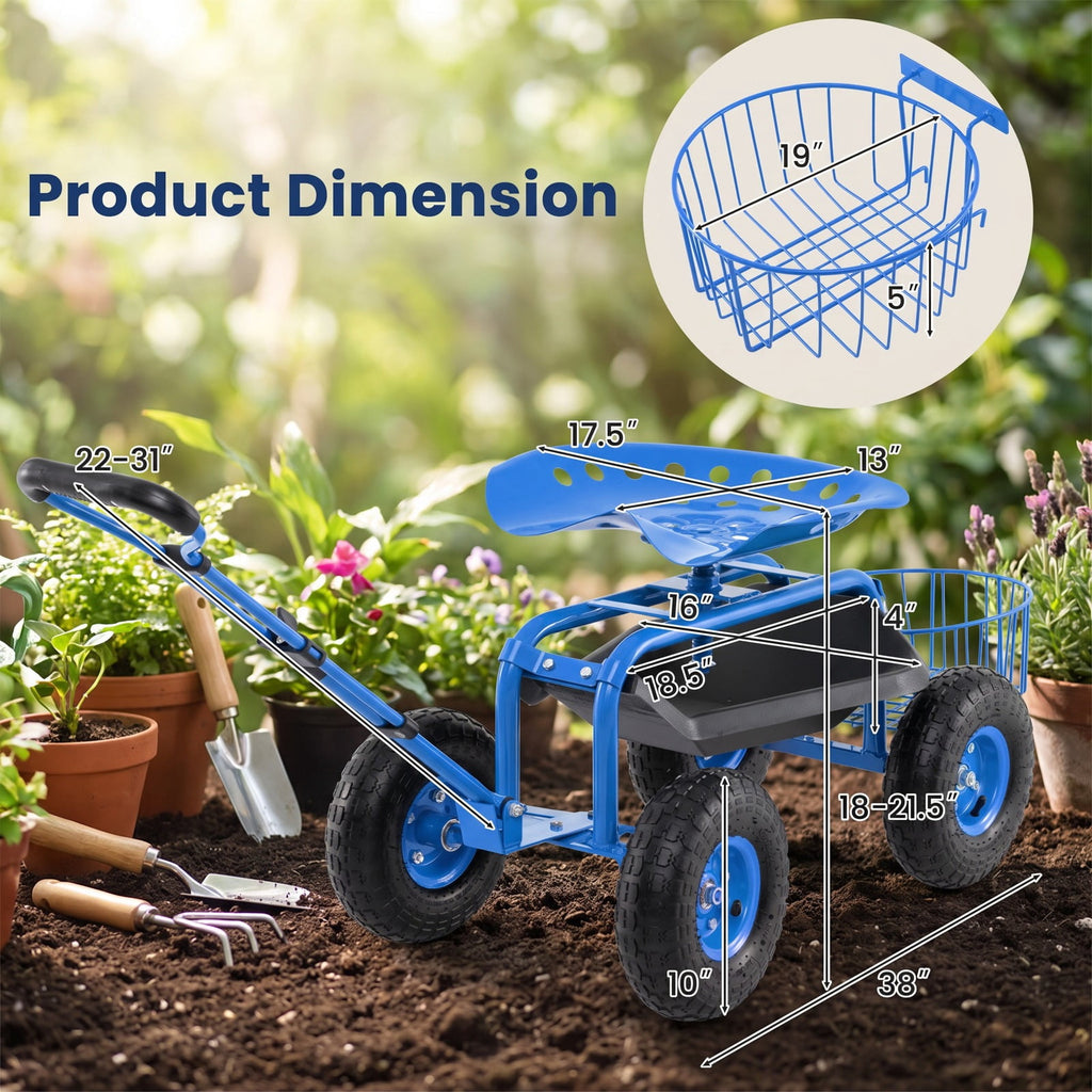Airfind Heavy Duty Garden Cart with Tool Tray and 360 Swivel Seat, 330 lbs Capacity, Steel Rubber Plastic Frame, 38 x 17 x Footprint, Blue