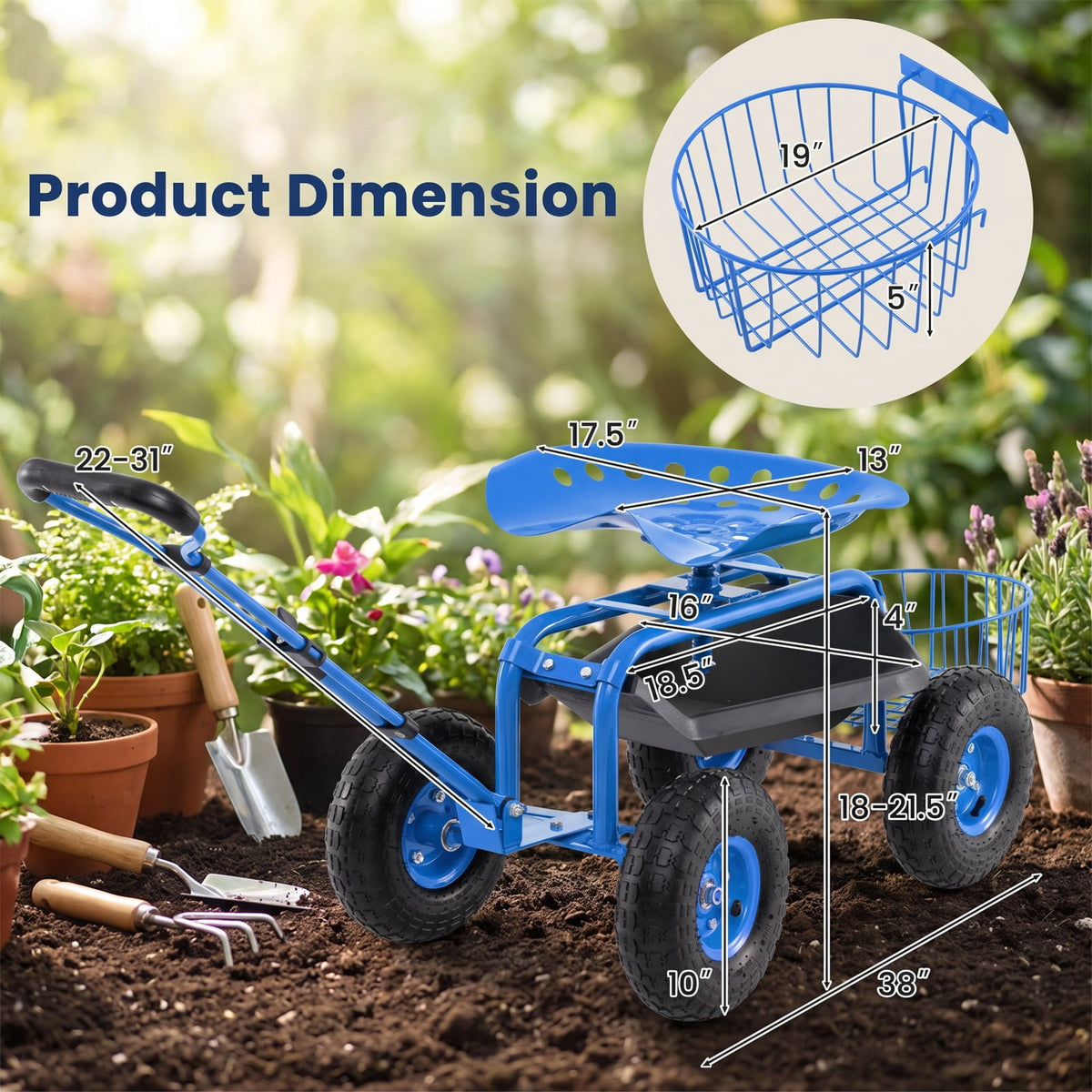 Airfind Heavy Duty Garden Cart with Tool Tray and 360 Swivel Seat, 330 lbs Capacity, Steel Rubber Plastic Frame, 38 x 17 x Footprint, Blue