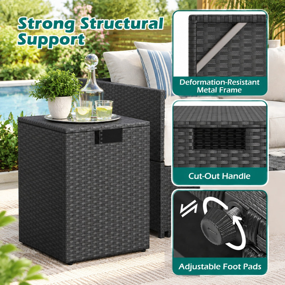 Airfind Rattan Propane Tank Cover Patio Hideaway Tank Side Table, 80 lbs Capacity, PE Rattan Metal Frame, 16 x 16 x 22.5 Footprint, Black