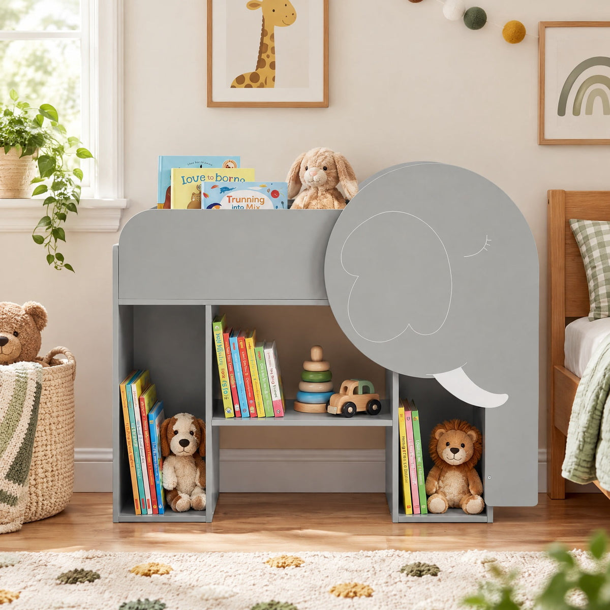 Airfind Montessori Bookshelf with Elephant Shape 3-Tier Toddler Toy Storage Organizer, 22 lbs Capacity, MDF Frame, for 3+ years old, Grey