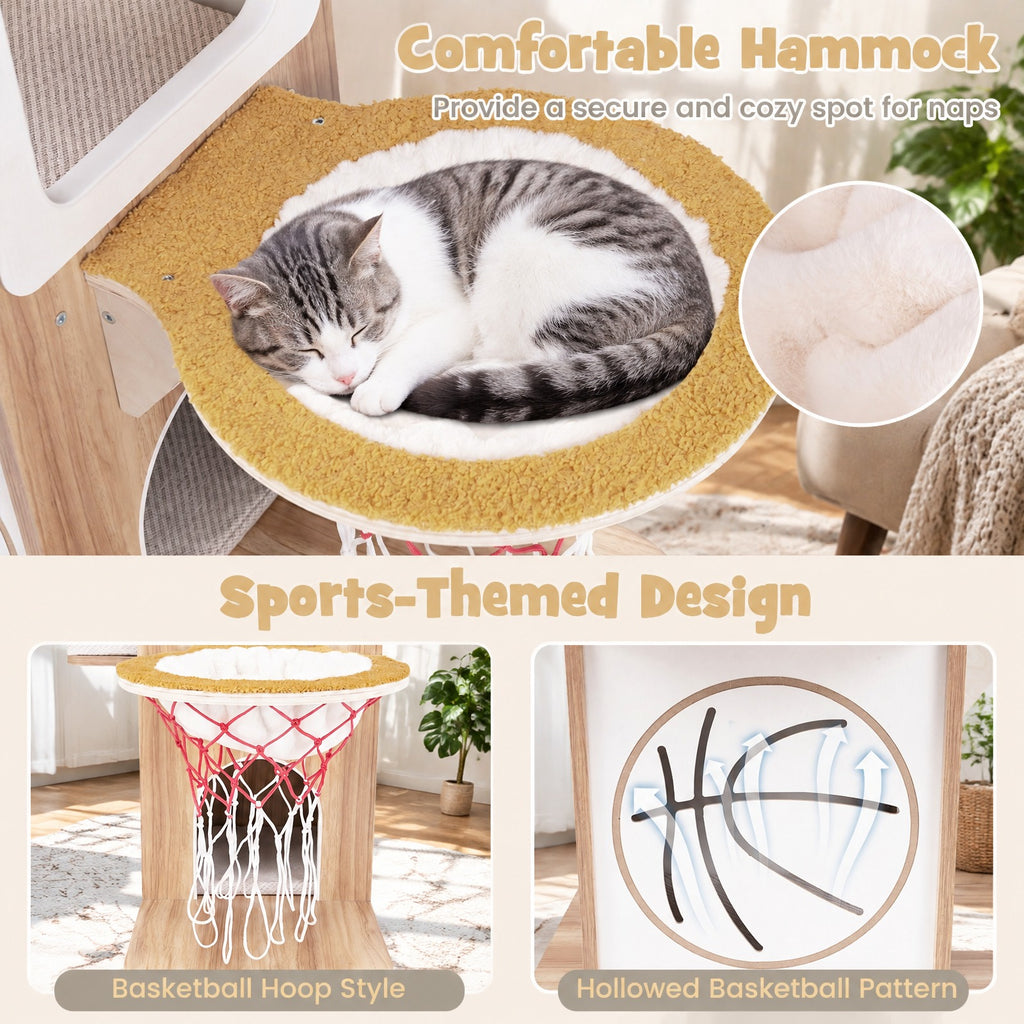 Airfind 47 Inches Wooden Cat Tree with 2-Story Cat Condo and Basketball Hoop Hammock, 31in x 15in x 47inTop Perch Footprint, Natural