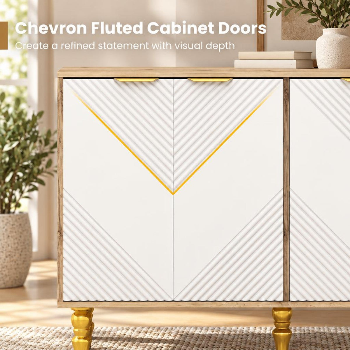 Airfind 47 Sideboard Buffet Cabinet with 4 Chevron Fluted Doors Anti-Toppling Devices for Kitchen, Natural