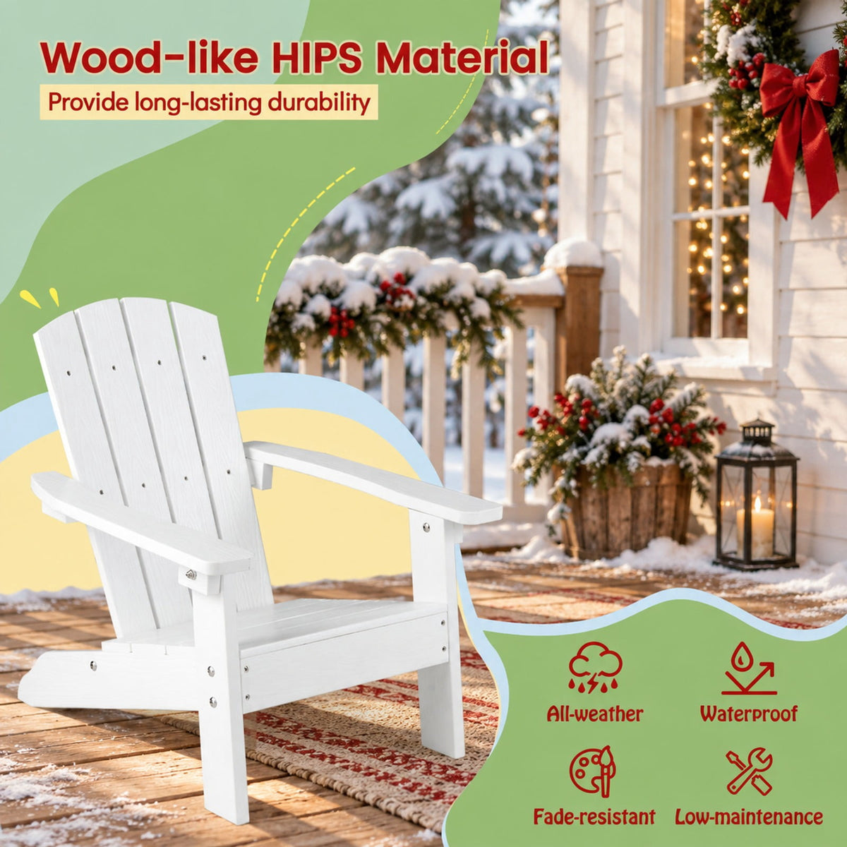 Airfind All-Weather HIPS Kids Adirondack Chair with with High Backrest and Armrests, 165 lbs Capacity, Wood-like HIPS Frame, White