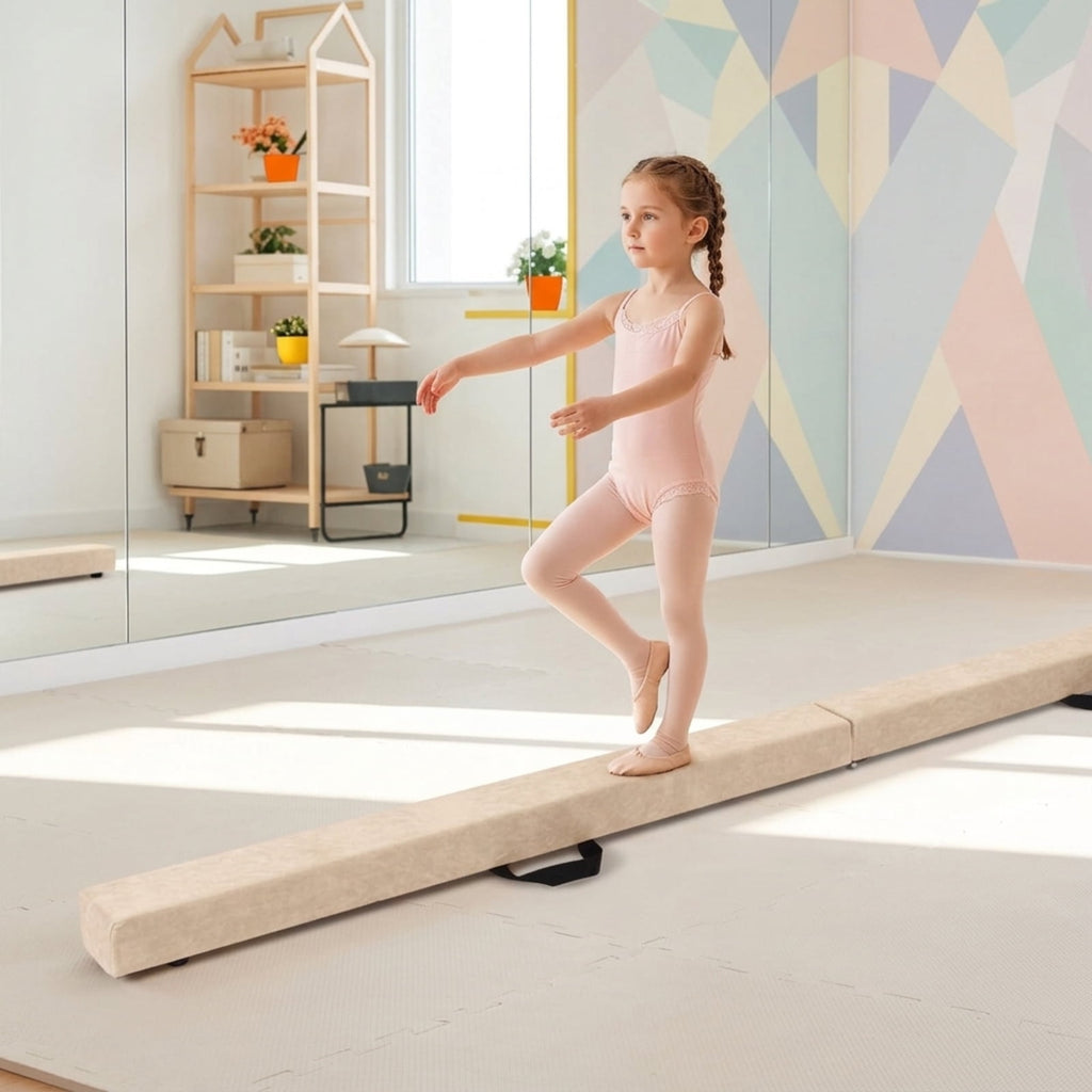 Airfind Folding Balance Beam with Solid Wood Base and Anti Slip Bottom for Kids Gymnastics Practice and Home Training, Beige