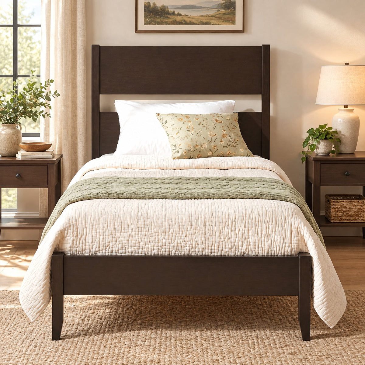 Airfind Twin Bed Frame with Headboard with Solid Wood Legs 12 Slats-Rustic Brown, 550 lbs Capacity, Rubber Wood Engineered Wood LVL Frame, Wood