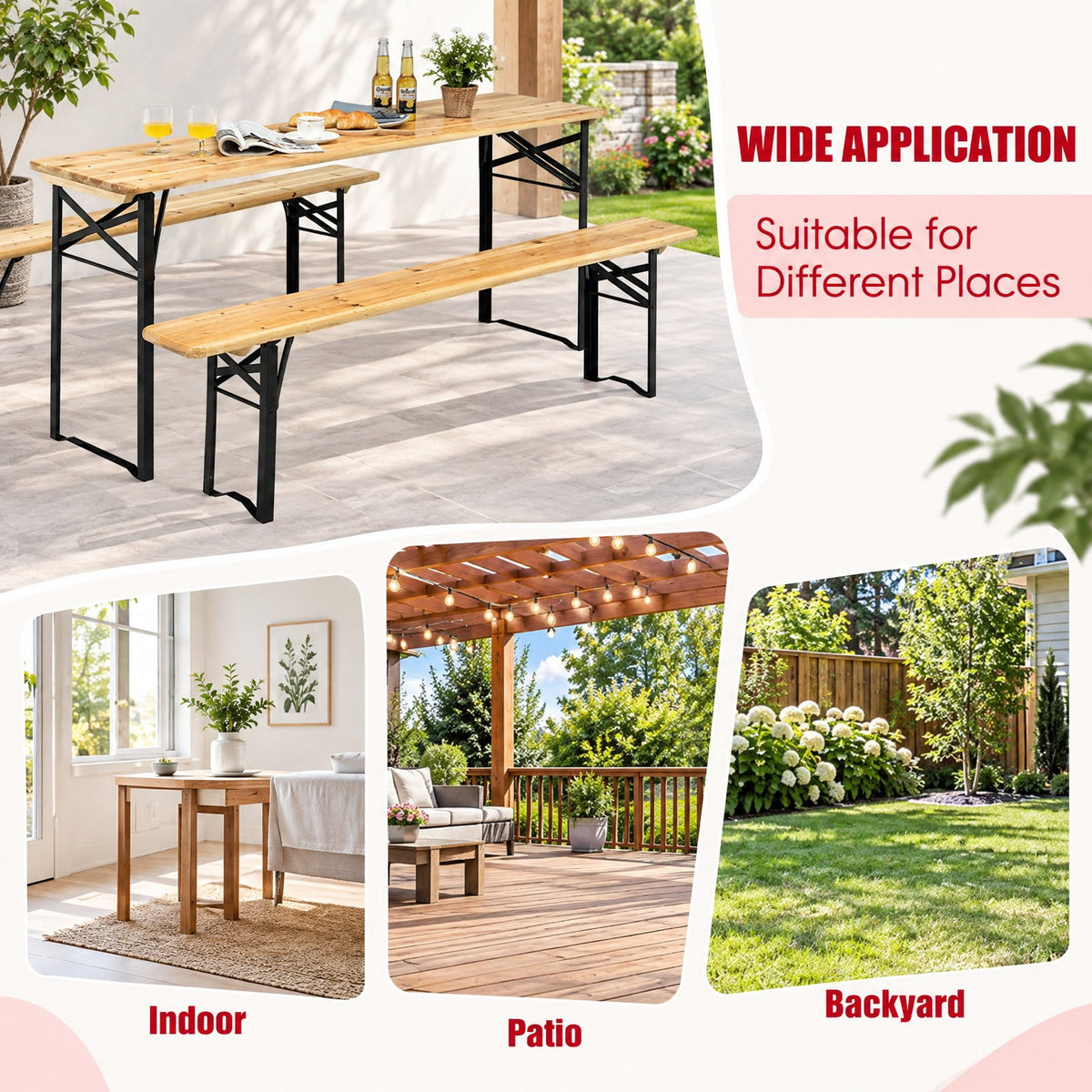 Airfind 3 Pieces Folding Wooden Picnic Table Bench Set, 660 lbs Capacity, Iron Fir Wood Frame, 70 x 18 x 29.5 Footprint