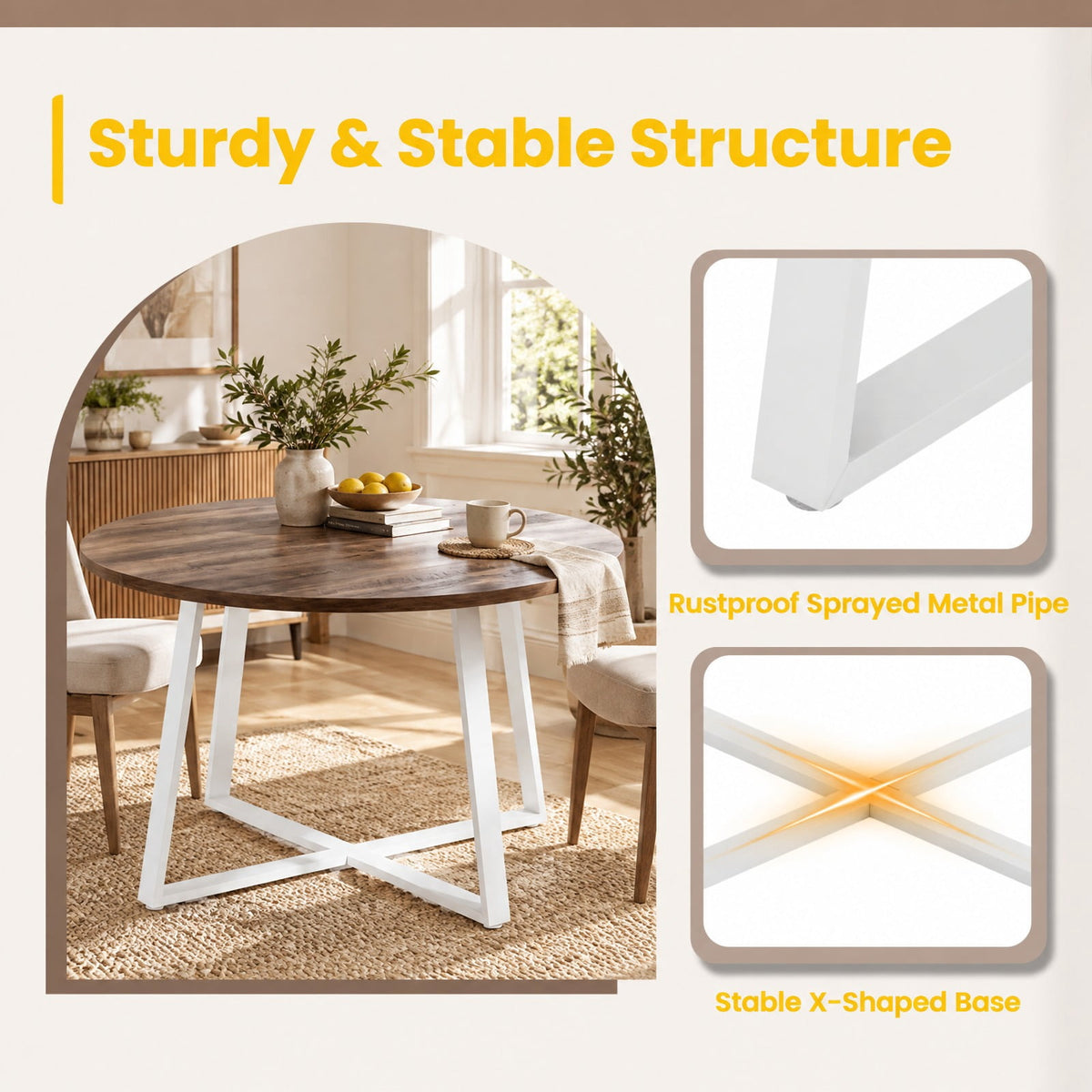 Airfind 47 Inch Round Dining Table with Stable X-shaped Base and Round Thickened Tabletop, 220 Lbs Capacity, Engineered Wood Metal, Natural