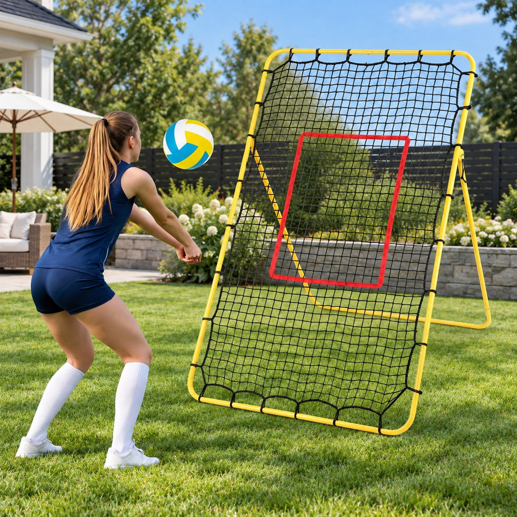 Airfind Volleyball Rebounder Net with 4 Adjustable Angles for Bumping and Spiking, Yellow + Red + BlackMaterial Metal PE PP Polyester FabricProduct