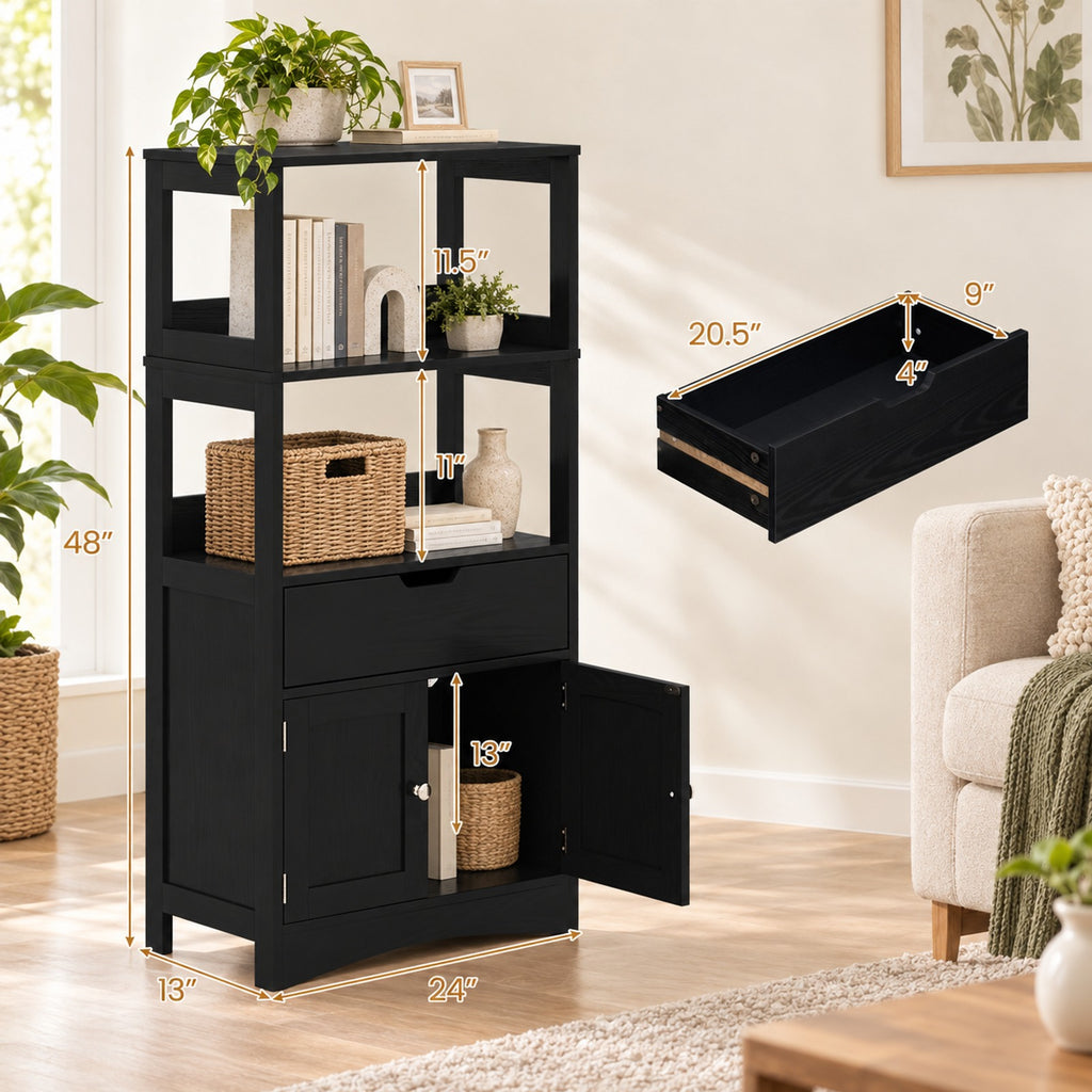 Airfind Bathroom Storage Cabinet with Open Shelves and Drawer, 110 lbs Capacity, Engineered Wood Frame, 24in x 13in x 48in Footprint, Black
