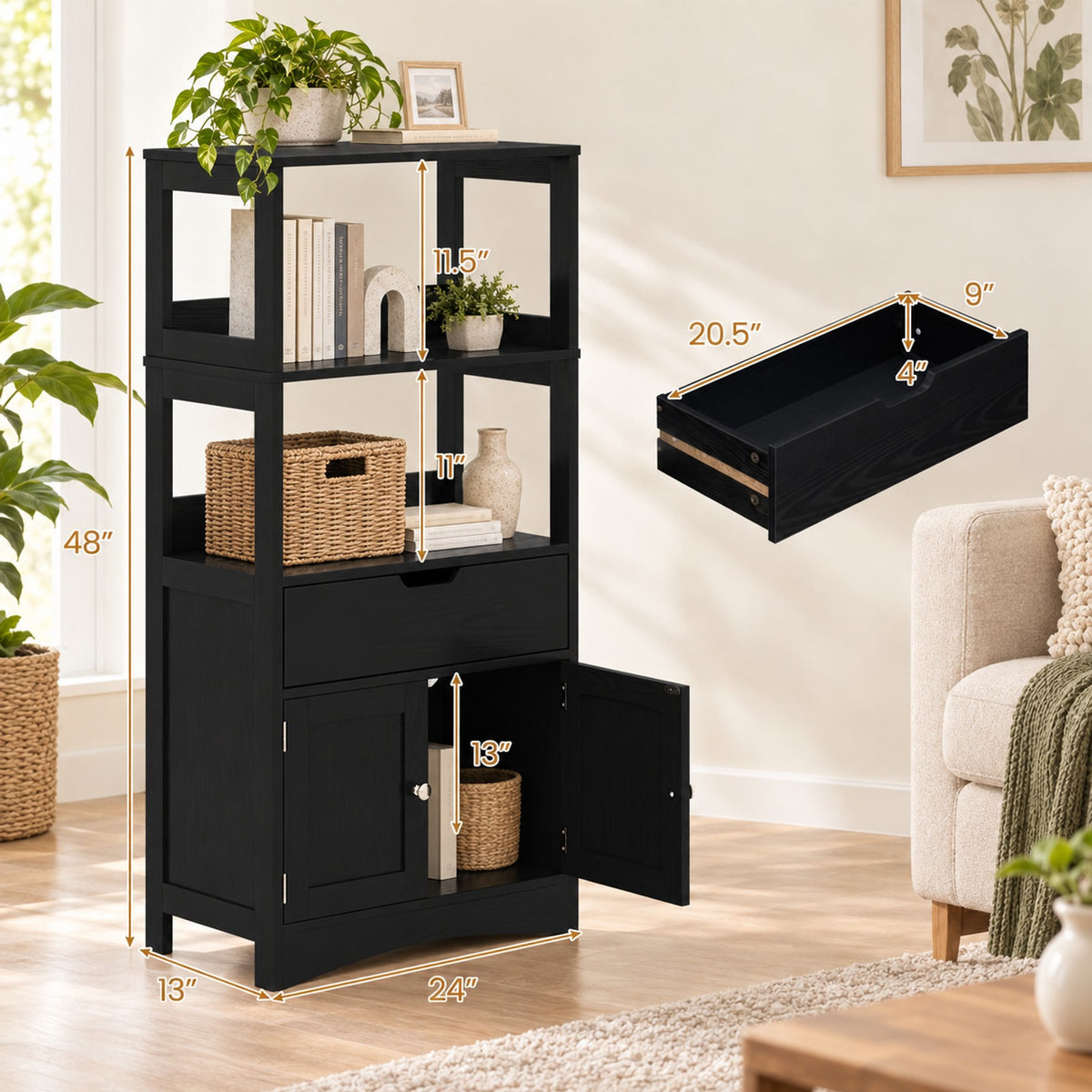 Airfind Bathroom Storage Cabinet with Open Shelves and Drawer, 110 lbs Capacity, Engineered Wood Frame, 24in x 13in x 48in Footprint, Black