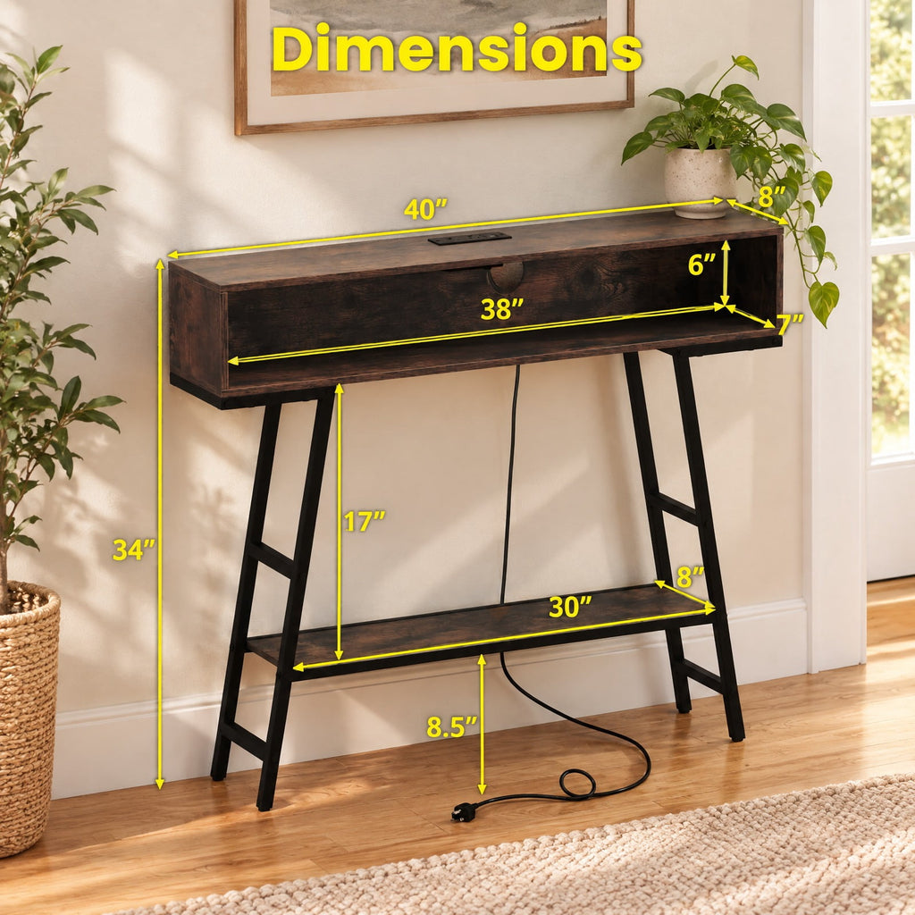 AIRFIND Console Table with Charging Station and RGB LED Lights, 40 inch Narrow Sofa Table with Open Storage and Metal Frame, Rustic Brown