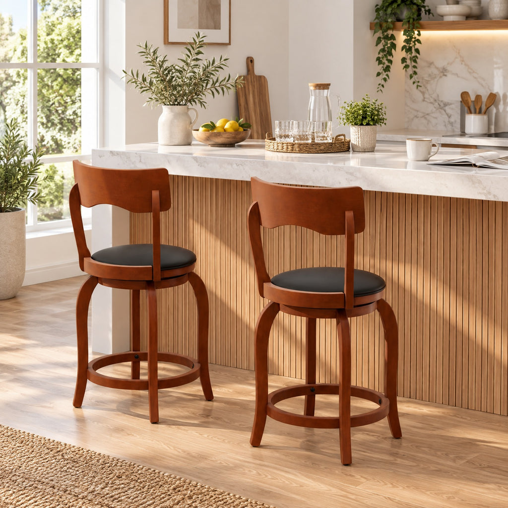 Airfind Swivel Bar Stools Set of 2 with Rubber Wood Frame and Upholstered Seat-24 Inch, 286 lbs Capacity, Rubber Wood Sponge PVC Frame, Wood