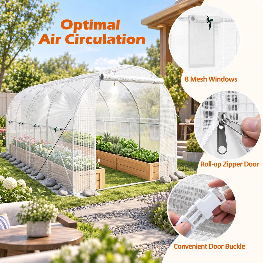 Airfind 15 x 7 x 7 ft Walk-in Tunnel Greenhouse with Watering System, Galvanized Steel Frame, 15 x 7 x 7 ft Footprint, White