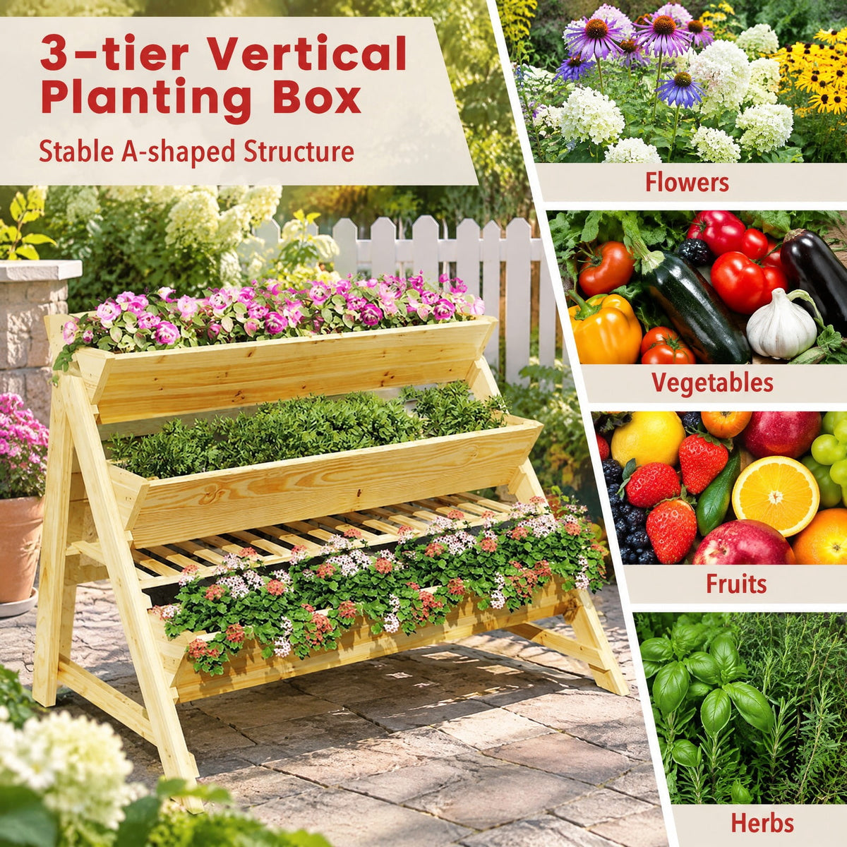 Airfind 3 Tier Wooden Vertical Raised Garden Bed with Storage Shelf, Fir wood Frame, 47 x 30 x 32 Footprint, Natural