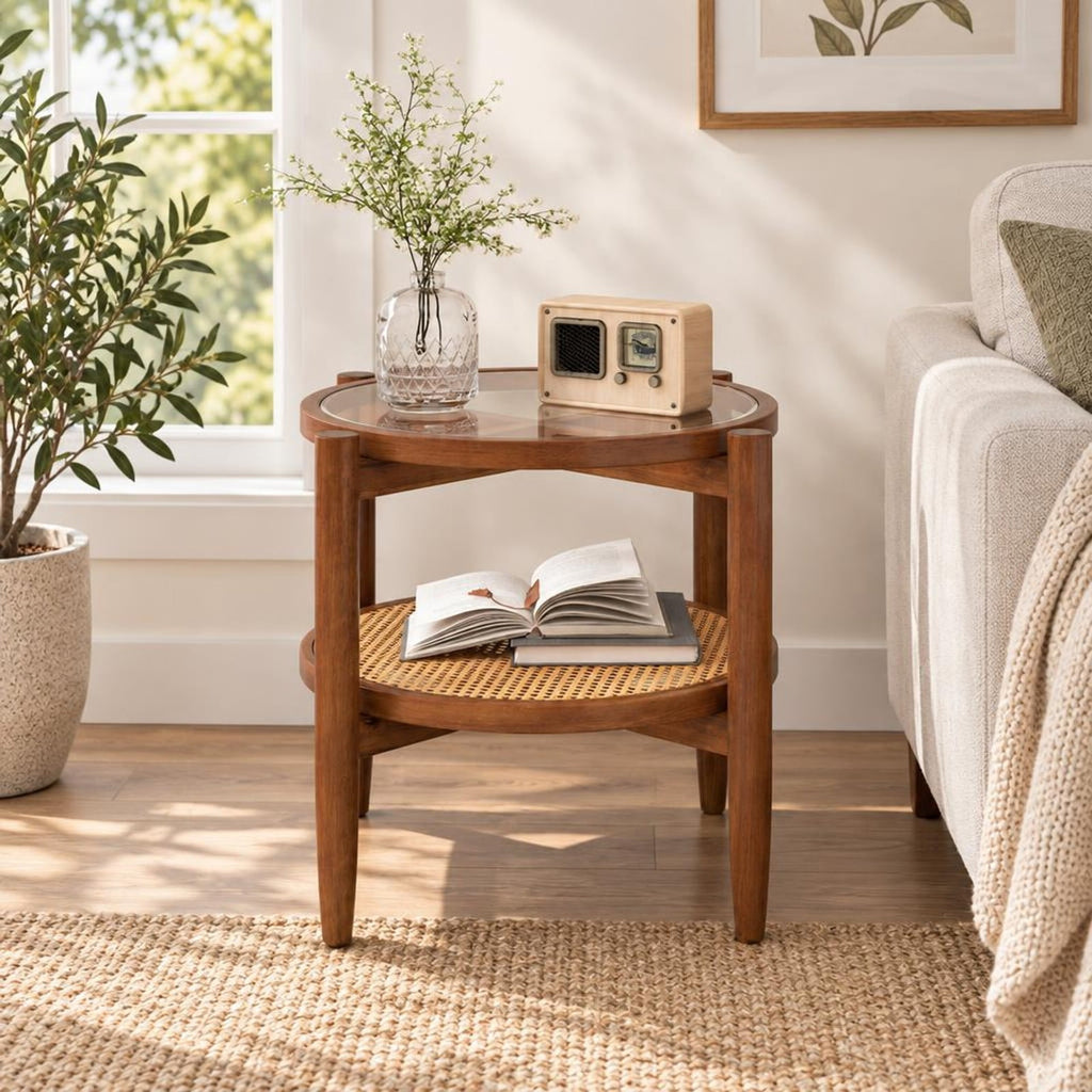Airfind Rattan Round Side End Table with Tempered Glass Tabletop, 77 Lbs Capacity, Acacia Wood Plywood Tempered Glass PE Rattan, Walnut
