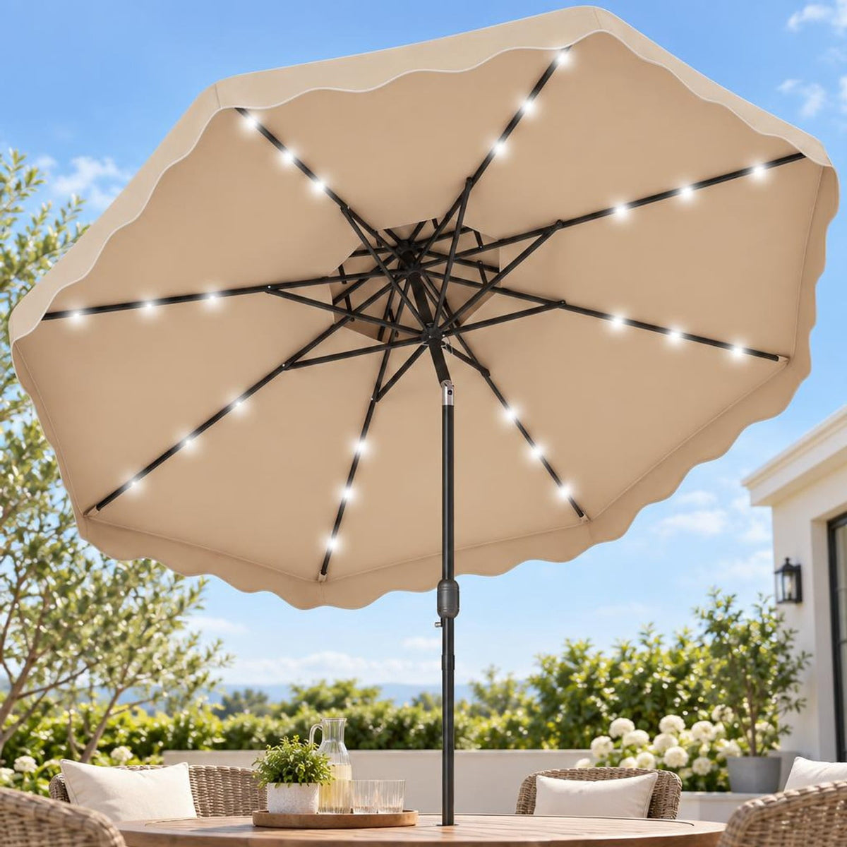Airfind 9 FT Solar LED Patio Umbrella Push-Button Tilt and Crank 24 LED Lights and 8 Ribs, Polyester Fabric Metal Frame, 9 x 8.2 ft Footprint, Beige