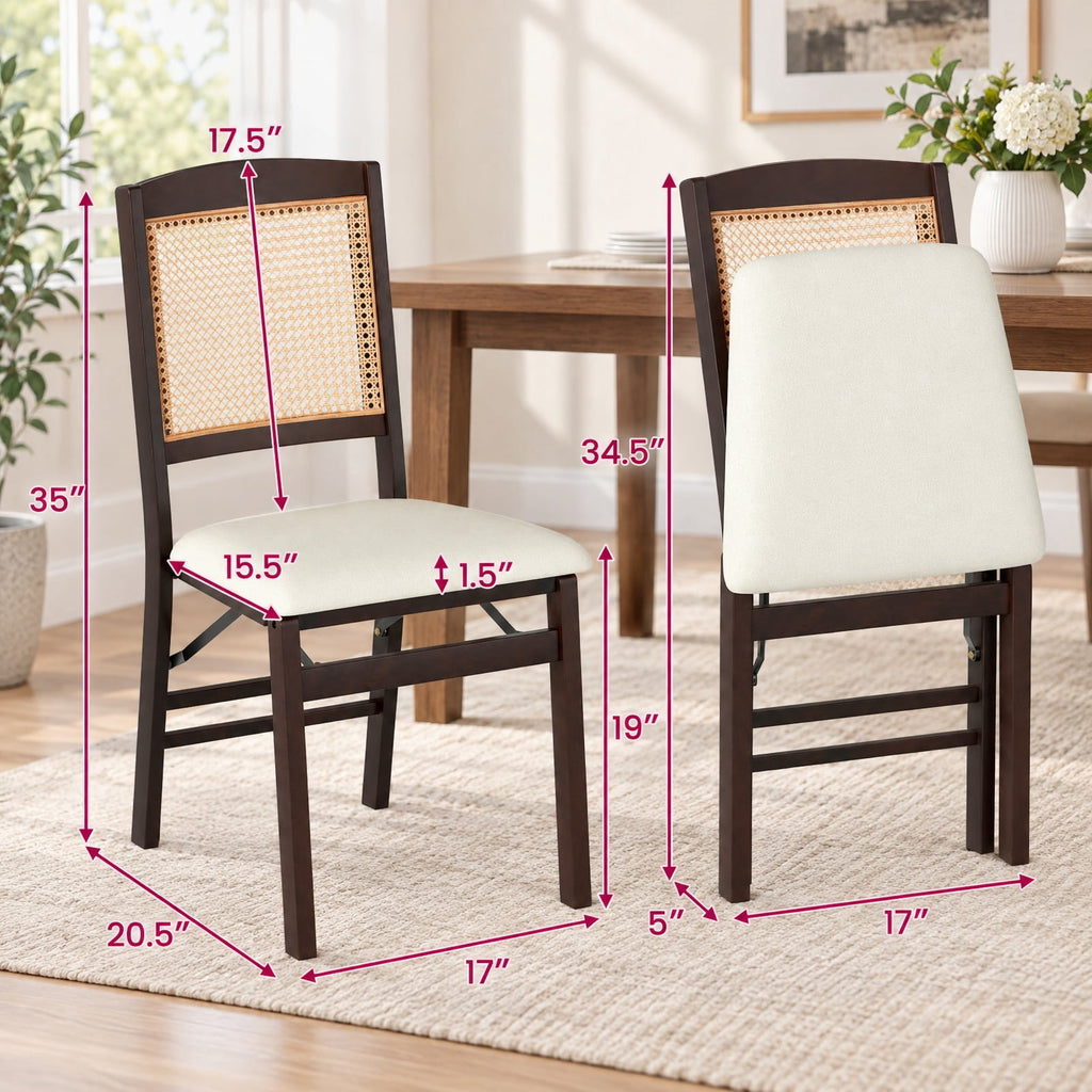 Airfind Folding Dining Chairs Set of 4 Rubber Wood Chairs with Linen Padded Seat, 400 Lbs Capacity, Rubber Wood PE Rattan Linen Fabric Sponge, Coffee