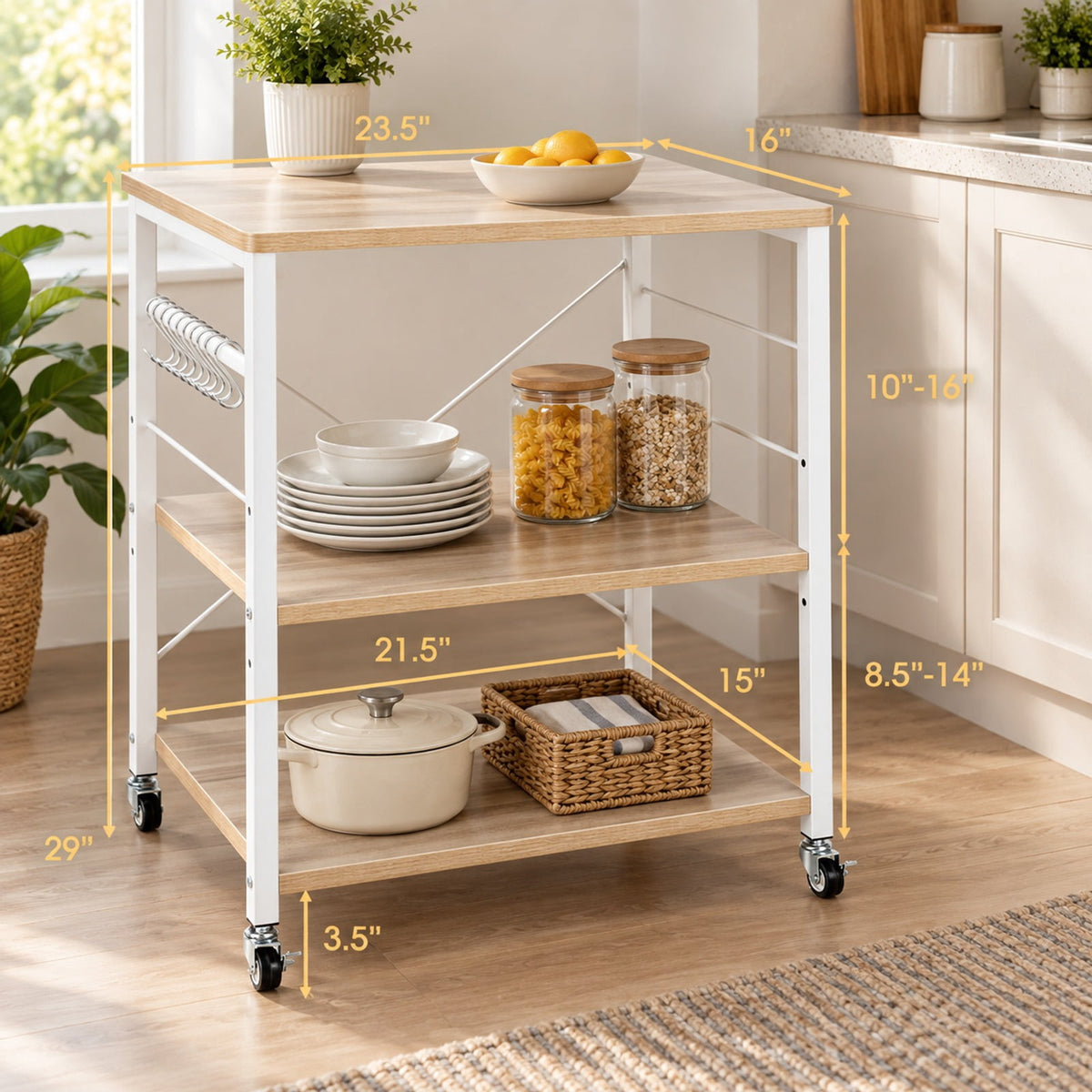 Airfind 3-Tier Kitchen Bakers Rack Microwave Oven Storage Cart with Hooks, 44 lbs Weight capacity of each shelf: 22 lbs Capacity, Iron Frame, Brown