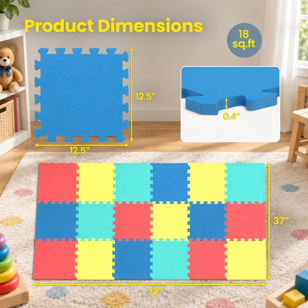Airfind 18 Pack Interlocking EVA Foam Floor Tiles with Boarders, EVA Foam Frame, 72 Inch x 37 Inch x 0.4 Inch Footprint, Multicolor