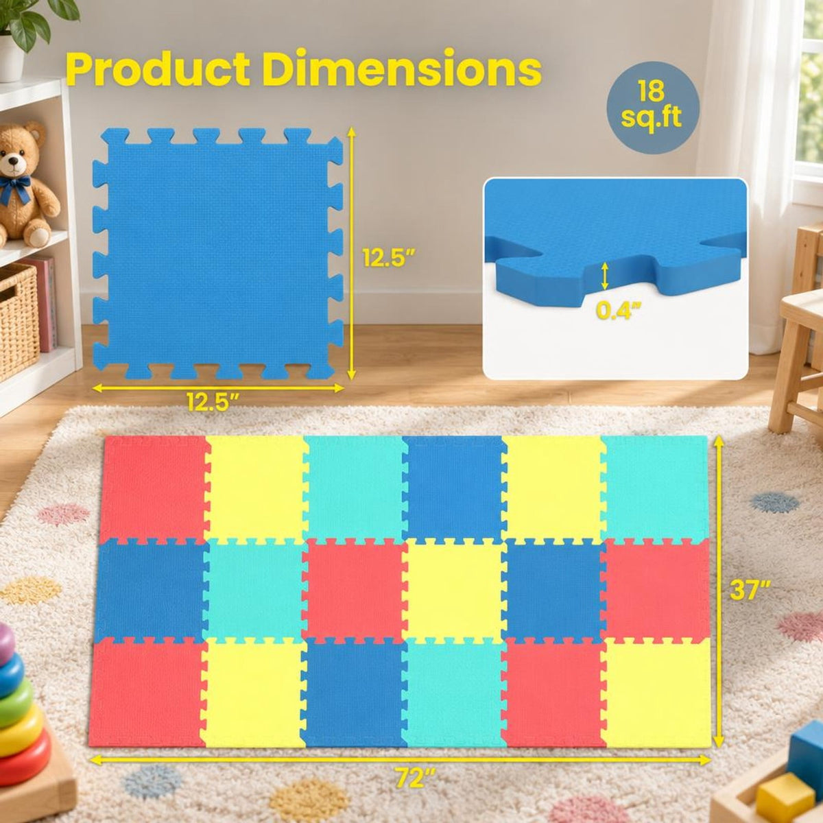 Airfind 18 Pack Interlocking EVA Foam Floor Tiles with Boarders, EVA Foam Frame, 72 Inch x 37 Inch x 0.4 Inch Footprint, Multicolor
