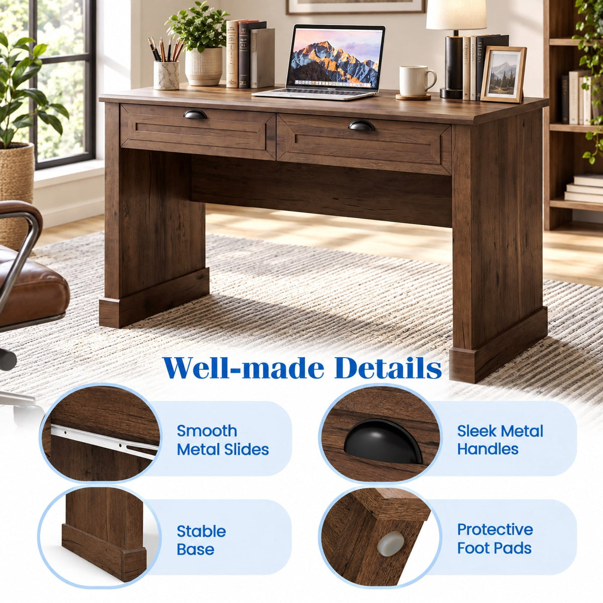 Airfind Executive Desk, 48 Inch Farmhouse, with 2 Drawers for Studying and Writing, 48 Inch x 24 Inch x 30 InchInterior Footprint, Brown