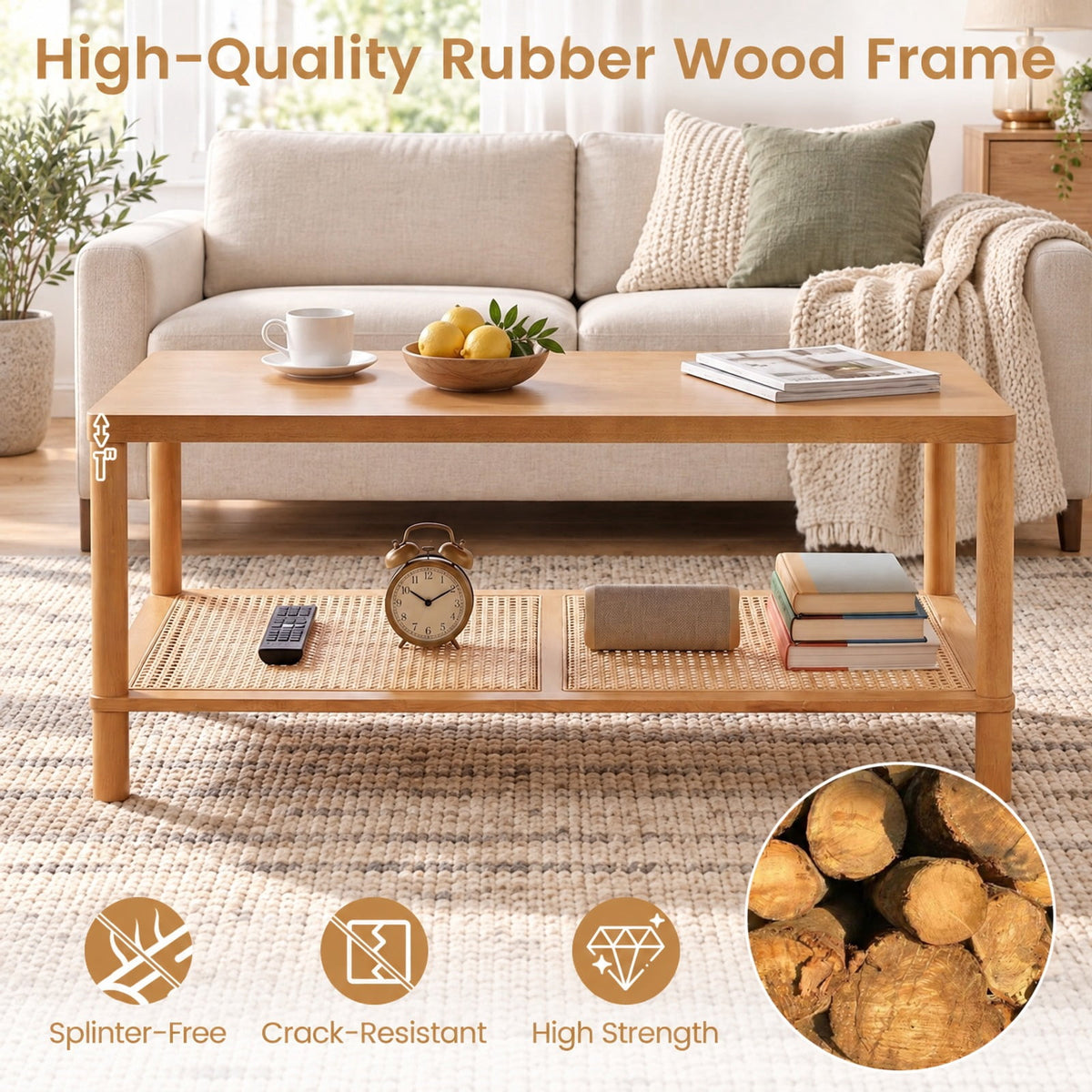 Airfind 2-Tier Boho Coffee Table for Living Room Rectangular Center Table with Rubber Wood Frame and PVC Rattan Storage Shelf, 185 lbs Capacity
