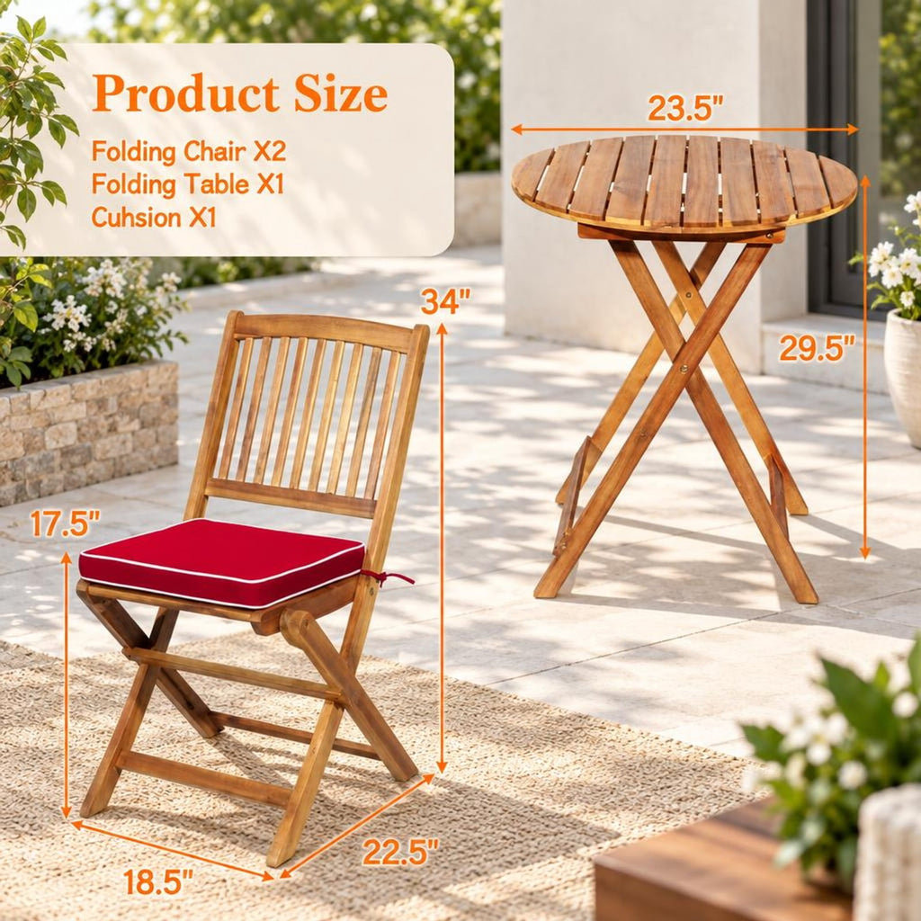 Airfind 3 Pieces Patio Folding Bistro Set with Padded Cushion and Round Coffee Table, 360 lbs Capacity, Acacia wood Frame, Red