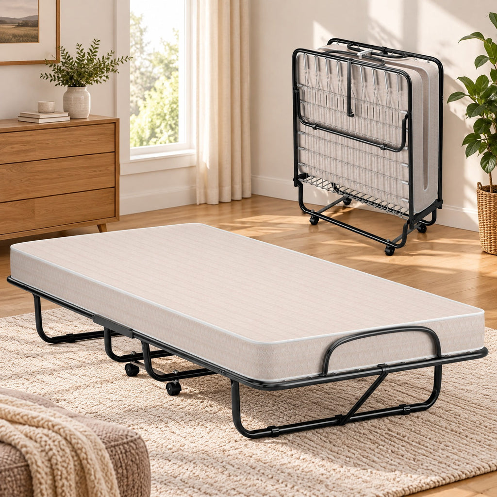 Airfind Rollaway Guest Bed with Sturdy Steel Frame and Memory Foam Mattress Made in Italy, 440 lbs Capacity, Steel memory foam foam Frame, Beige