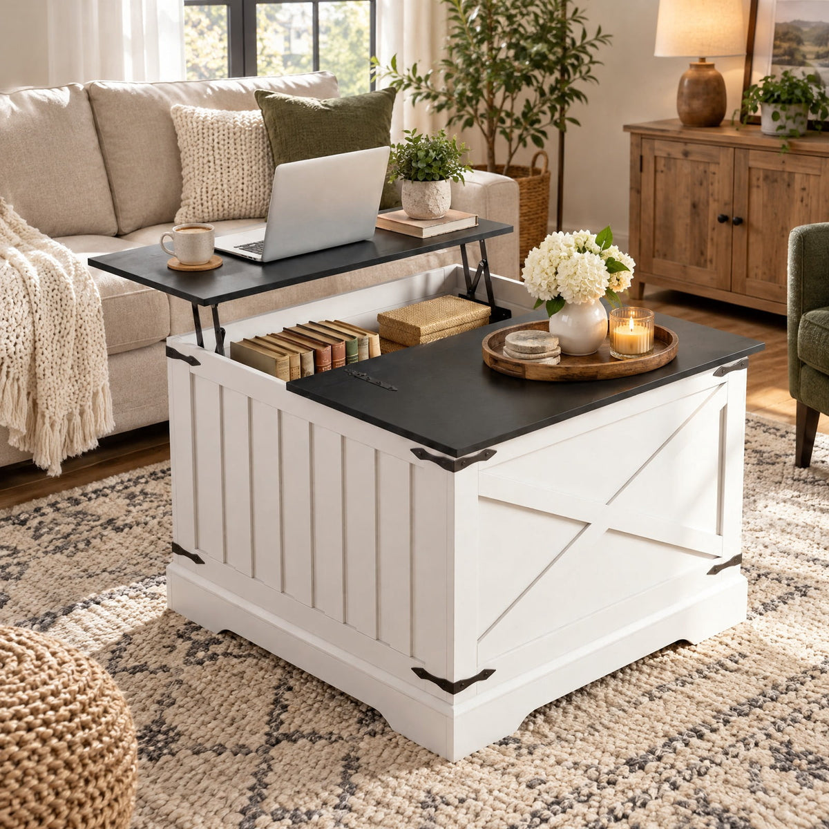 Airfind Farmhouse Lift Top Coffee Table with Hidden Storage Compartment, 132 lbs Tabletop Capacity, Engineered Wood MDF Metal Frame, Black