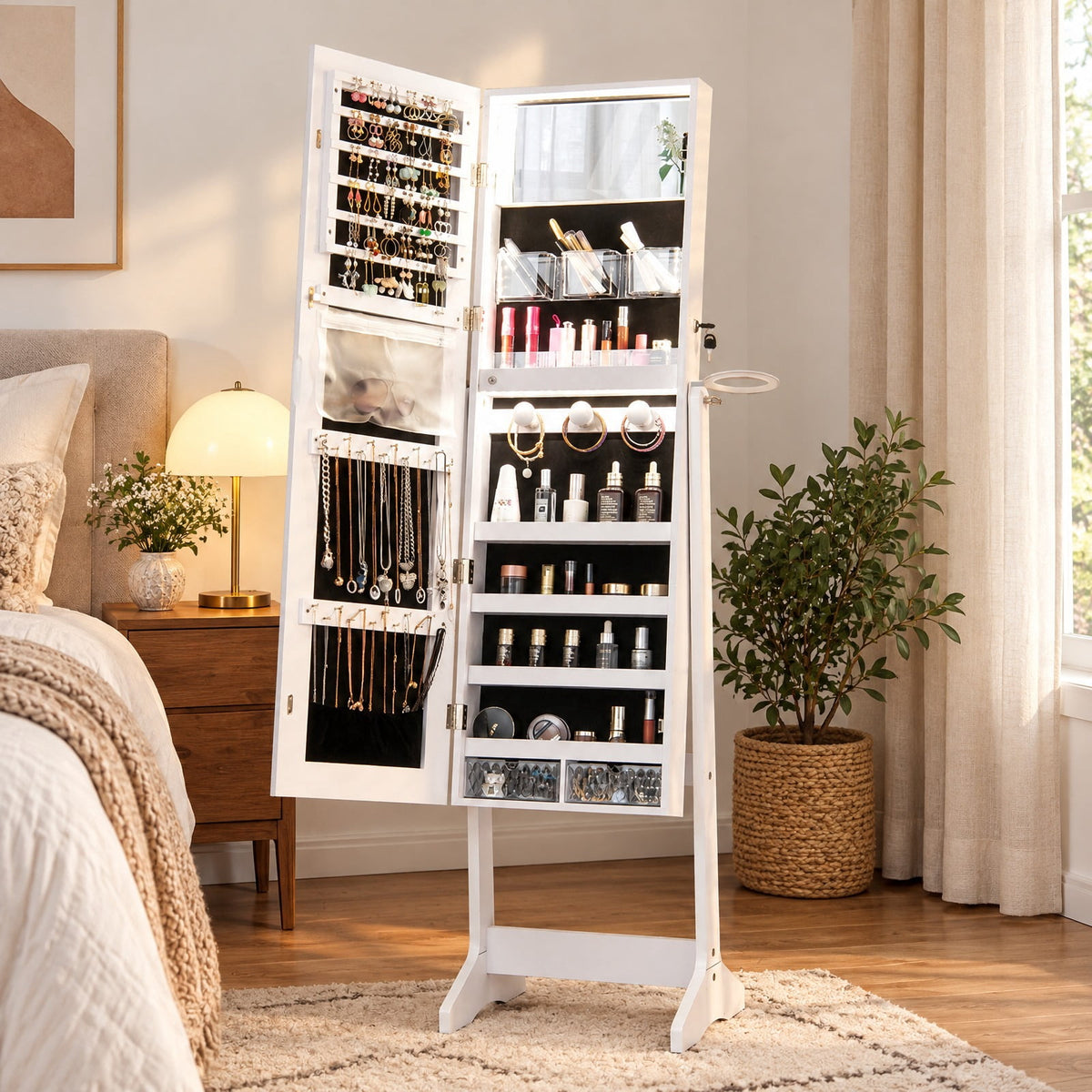 Airfind Jewelry Cabinet, Freestanding, with Full Length HD Mirror, MDF Glass Frame, 16 Inch x 14.5 Inch x 61.5 Inch Footprint, White