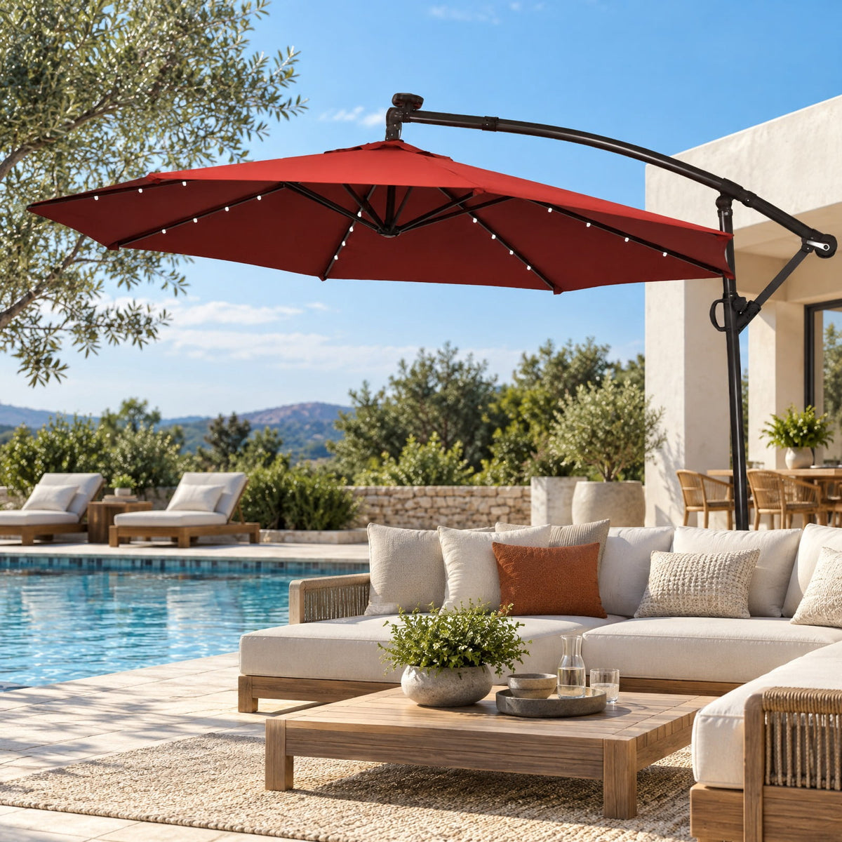 Airfind 10 ft 360° Rotation Solar Powered LED Patio Offset Umbrella without Weight Base, Steel aluminum polyester fabric Frame, 10 x 7.5 Footprint