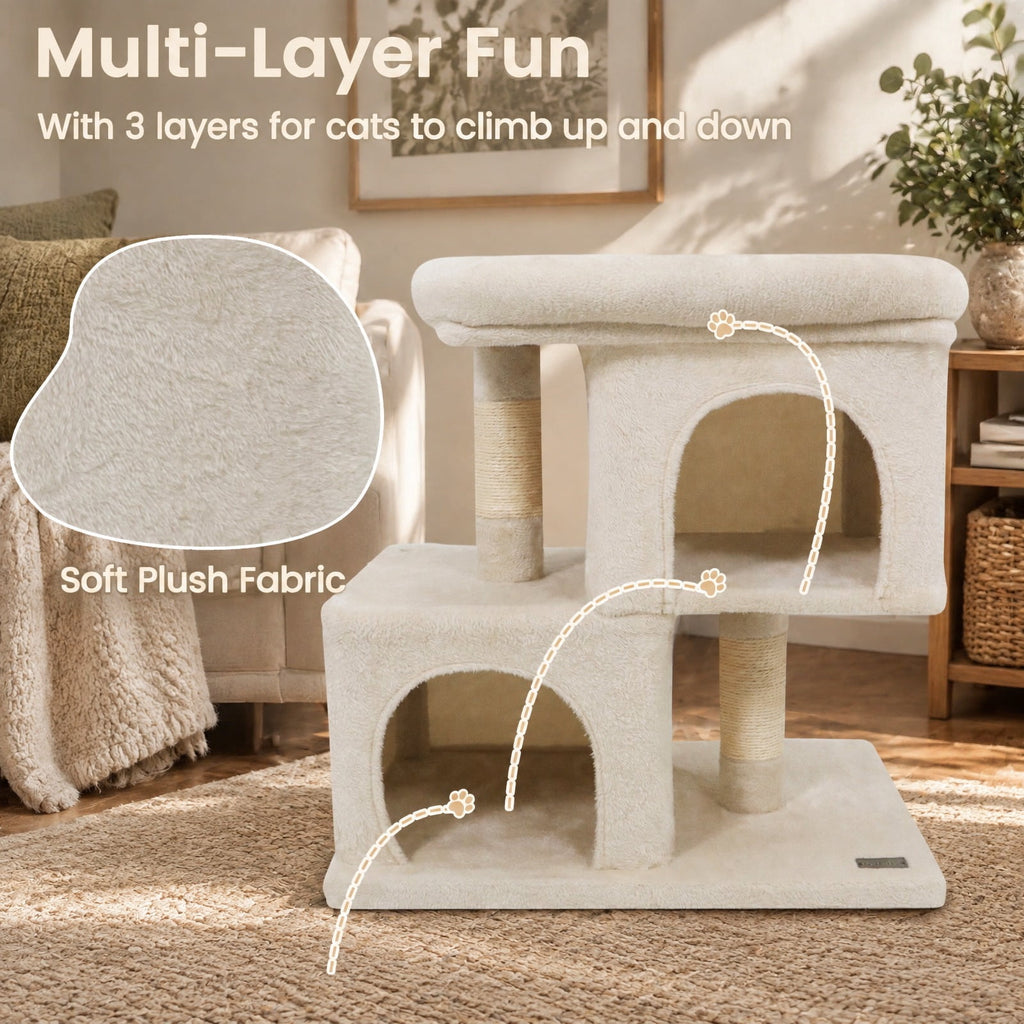 Airfind Modern Cat Tree Space-saving Cat Tower with Upholstered Perch and 2 Cat Condos, 22 lbs Capacity, 24 x 16 x 25.5 Condo Footprint, Beige