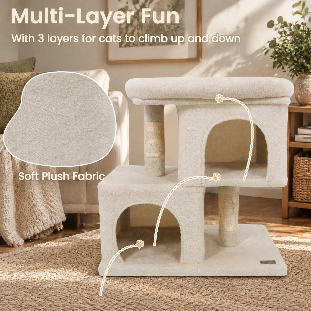 Airfind Modern Cat Tree Space-saving Cat Tower with Upholstered Perch and 2 Cat Condos, 22 lbs Capacity, 24 x 16 x 25.5 Condo Footprint, Beige