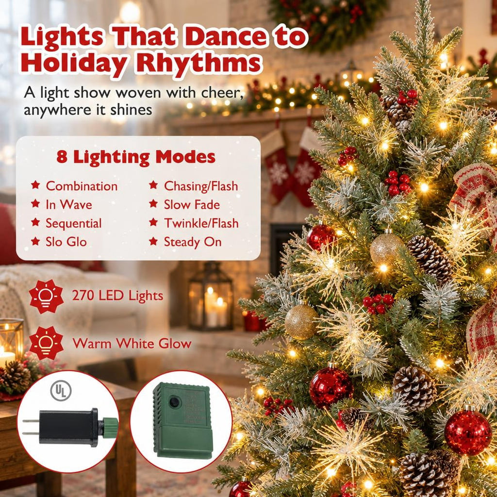 Airfind 6 Feet Pre-Lit Artificial Christmas Tree with 8 Modes LED Lights with Berries, PVC PE PET Metal 5 Feet Frame, 3 x 5 ft Footprint, Green