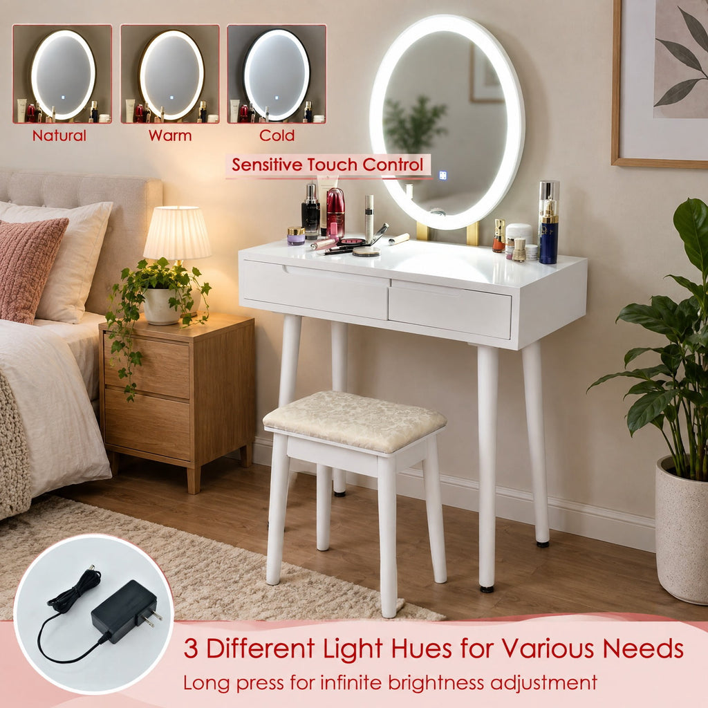 Airfind Touch Screen Vanity Makeup Table Stool Set with Lighted Mirror, MDF paint rubber wood cedar wood Frame, 31.5 x 16 x 54.5 Footprint, White