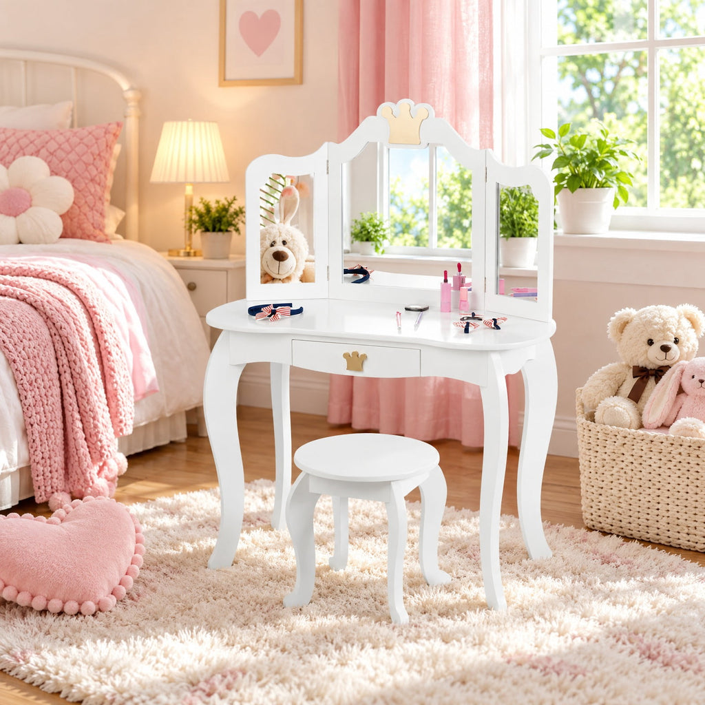 Airfind Kids Makeup Dressing Table with Tri-folding Mirror and Stool, 33 lbs Capacity, MDF pine Frame, 31.5in x 16.5in x 41.5in Footprint, White