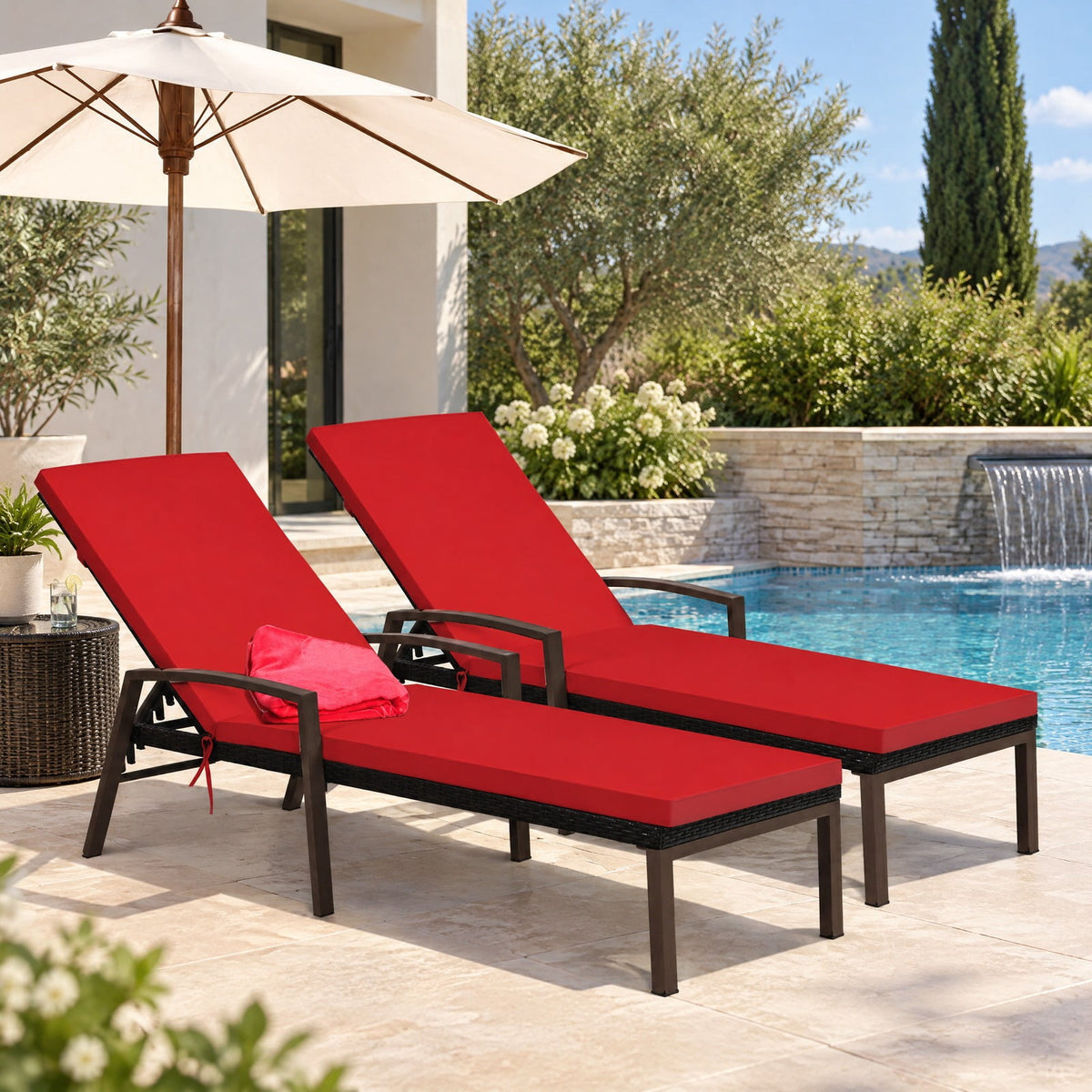 Airfind 2 Pieces Patio Rattan Adjustable Back Lounge Chair with Armrest and Removable Cushions, 400 lbs Capacity, Steel Rattan Frame, Red
