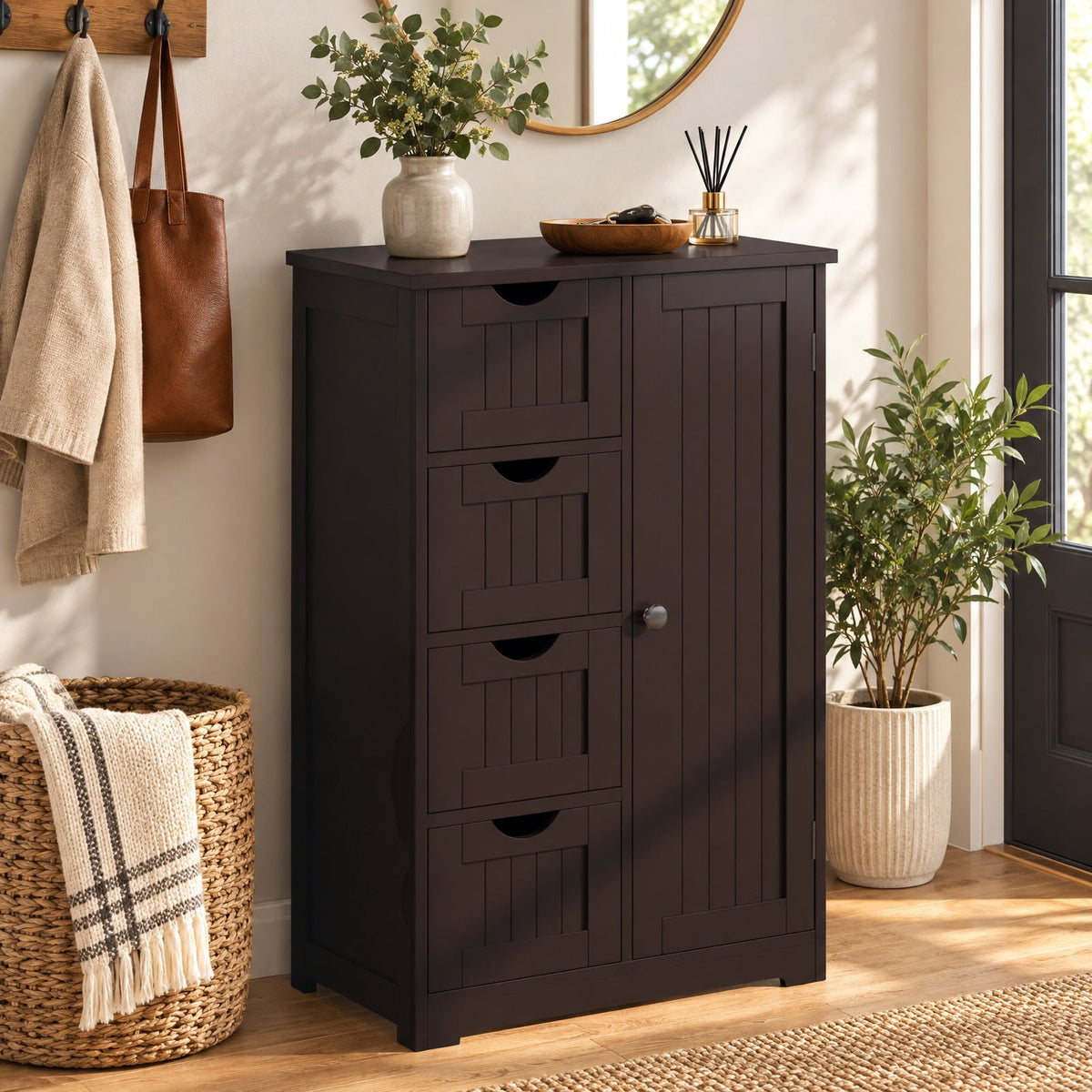 Airfind Standing Indoor Wooden Cabinet with 4 Drawers, 143 lbs Capacity, MDF Engineered Wood Frame, 21.5 Inch x 12 Inch x 32.5 Inch Footprint, Brown