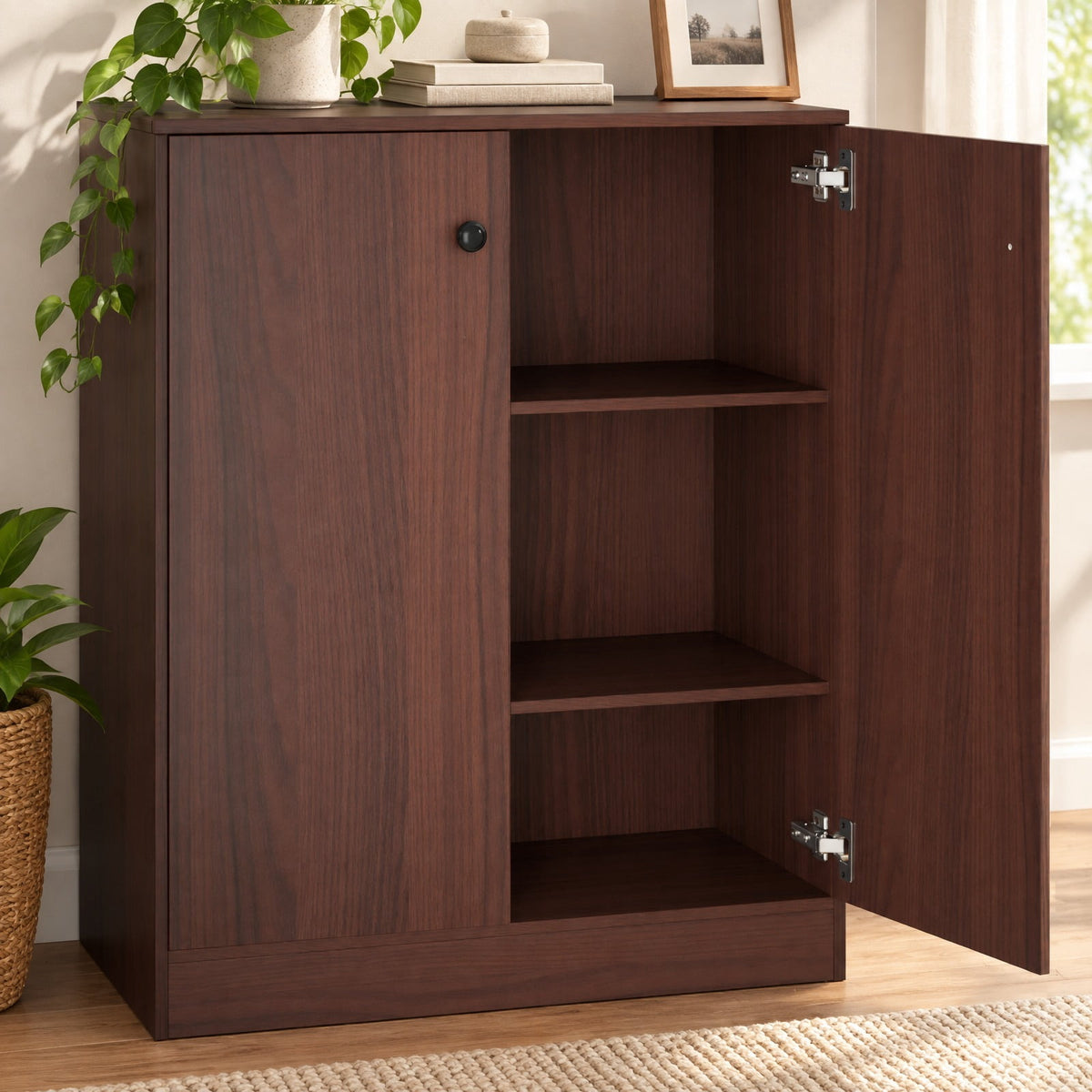 Airfind 2-Door Modern Floor Storage Cabinet with 3-Tier Shelf, 110 lbs Capacity, Engineered Wood MDF Frame, 27.5in x 13.5in x 33.5in Footprint, Brown
