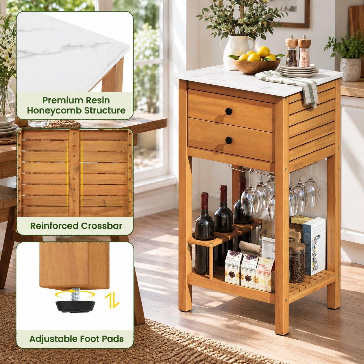 Airfind Patio Acacia Wood Storage Cabinet Patio Buffet Cabinet Bar Table with Faux Marble Countertop, 165 lbs Capacity, Acacia Wood Resin Frame