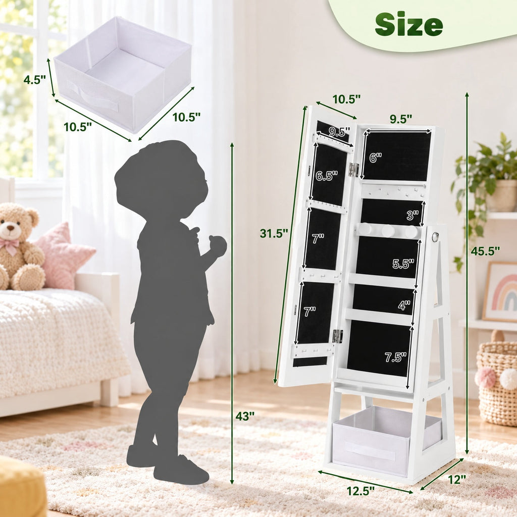 Airfind Free-Standing Full Length Kids Jewelry Armoire Cabinet with Storage Capacity, MDF Frame, 12.5 Inch x 12 Inch x 45.5 Inch Footprint, White