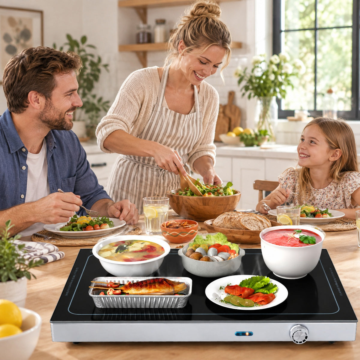 Airfind Electric Warming Tray with Adjustable Temperature and Built, Tempered Glass Stainless Steel Galvanized Steel Frame, Black and Silver