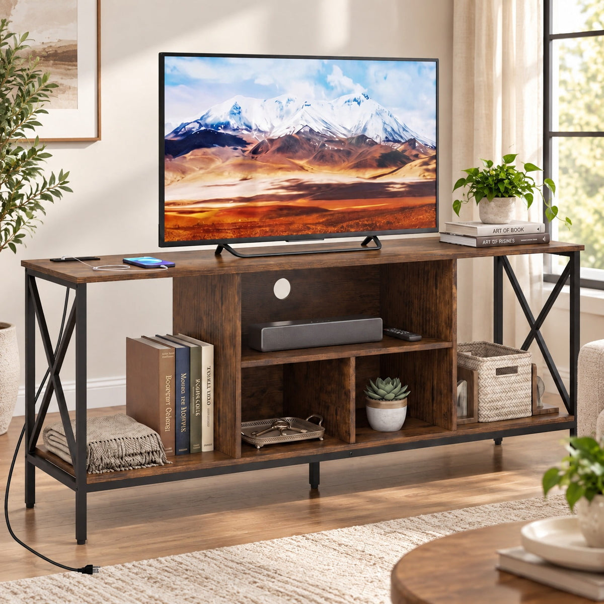 Airfind TV Stand with LED Lights for 65 Inch TV Entertainment Center with Power Outlets, 132 lbs Capacity, Metal Engineered Wood MDF Frame, Brown