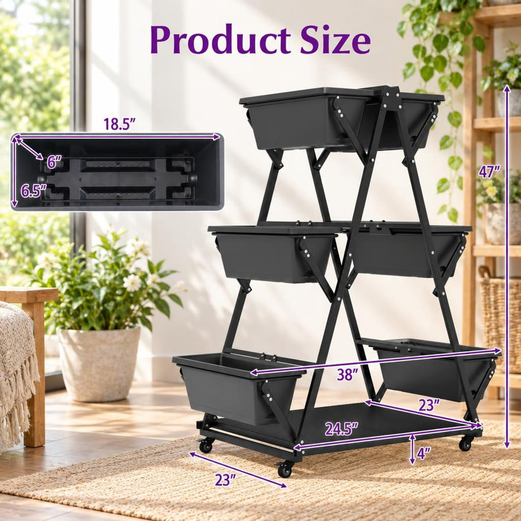 Airfind 3-Tier Vertical Raised Garden Bed with 4 Wheels and 6 Container Boxes, Carbon Steel PP Metal Frame, 38 x 23 x 47 Footprint, Black